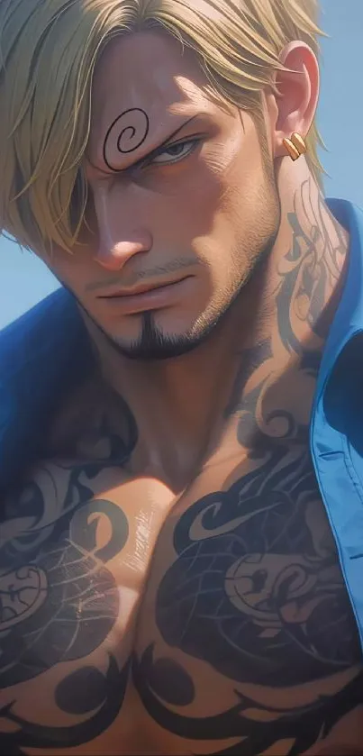 Stylish animated character with tattoos in a blue and vibrant setting.