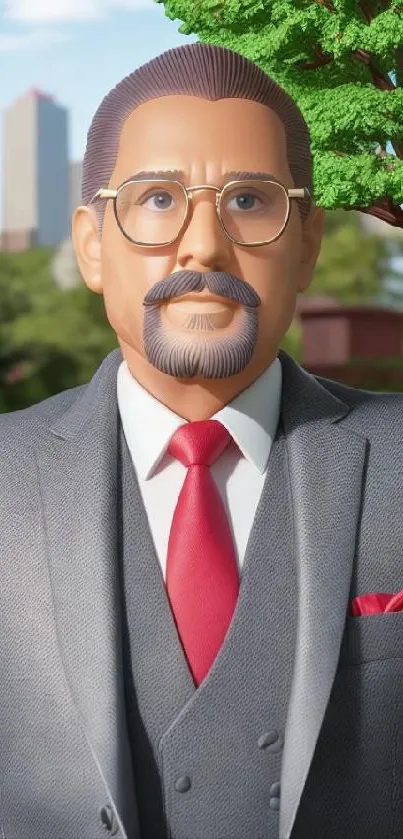 Animated character in a grey suit with a red tie set against an urban background.