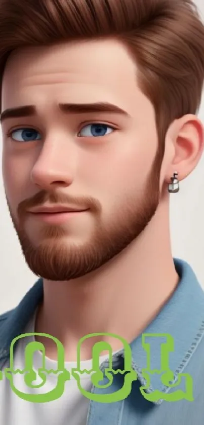 Cool animated character with denim blue jacket and beard.