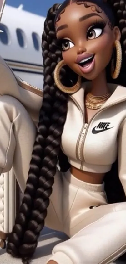 Animated character with braids in a sporty outfit sitting outdoors.