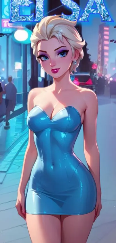 Animated city wallpaper with stylish blue dress character.