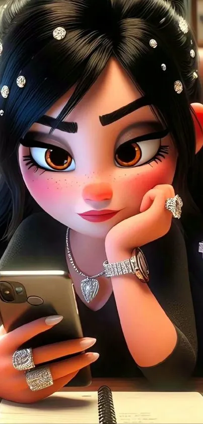 Stylish animated girl with black hair and jewelry on phone wallpaper.