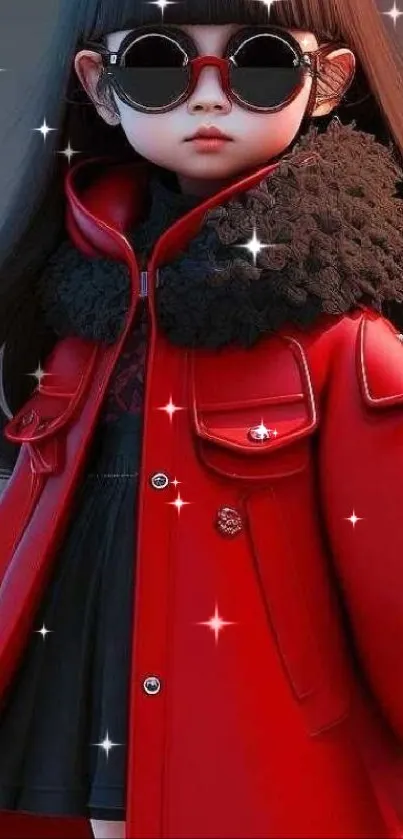 Animated girl in red coat with sunglasses on mobile wallpaper.