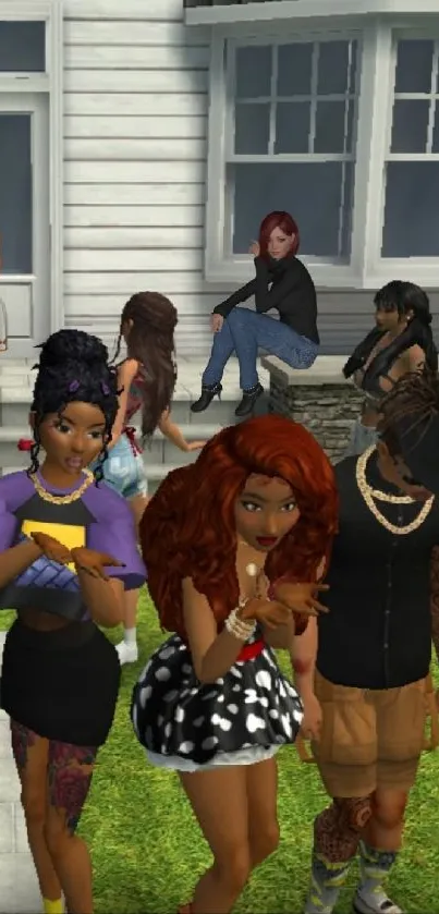 Animated group in stylish outfits outside a house.