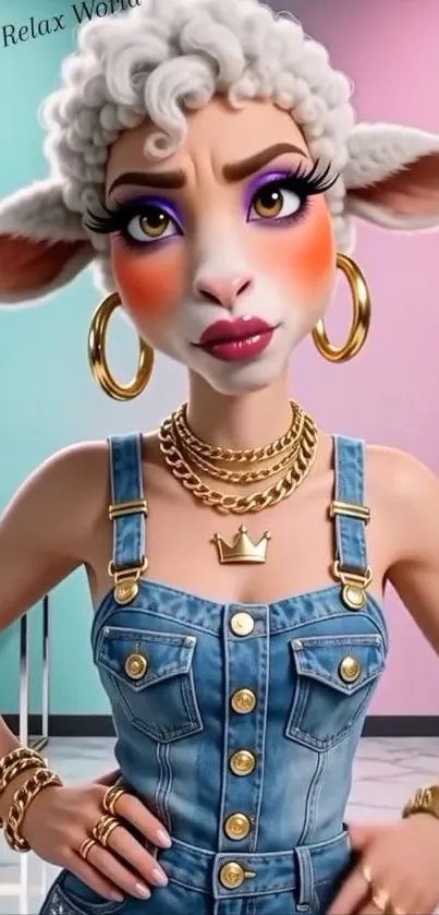 Stylish animated sheep wearing denim and gold jewelry.