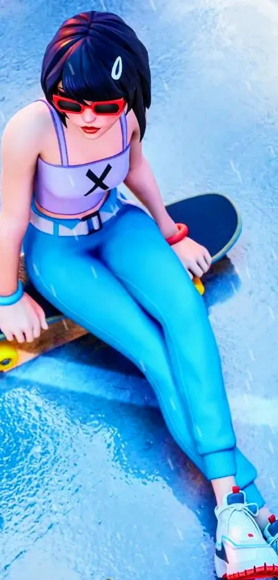 Animated skater girl with vibrant azure blue theme, sitting on skateboard.