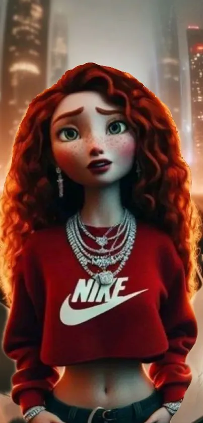 Animated character in a cityscape at night with red hair and stylish attire.