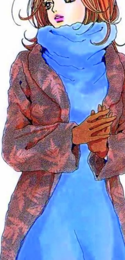 Animated woman in a brown coat and blue scarf during winter.