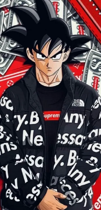 Anime character in stylish street fashion on a red background with dollar motifs.