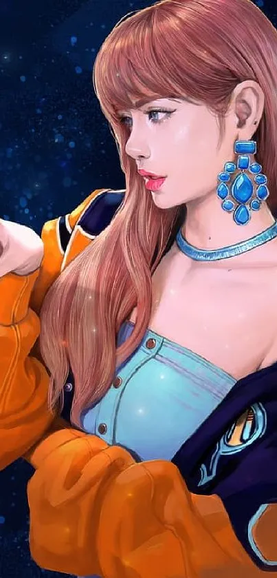 Stylish anime character in orange with a starry navy blue backdrop.