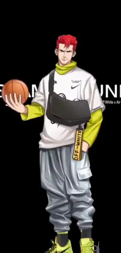 Anime character holding basketball with modern sports fashion.