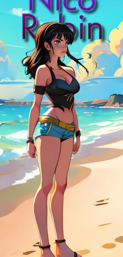 Anime character at vibrant beach in colorful style.