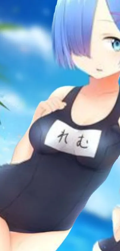 Anime girl in swimwear with beach background