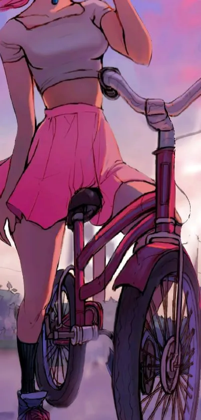 Anime girl on a bicycle in pastel pink hues with a sunset background.