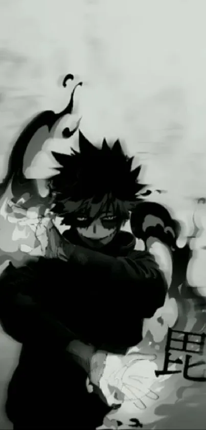 Anime character with black flames on grayscale wallpaper.