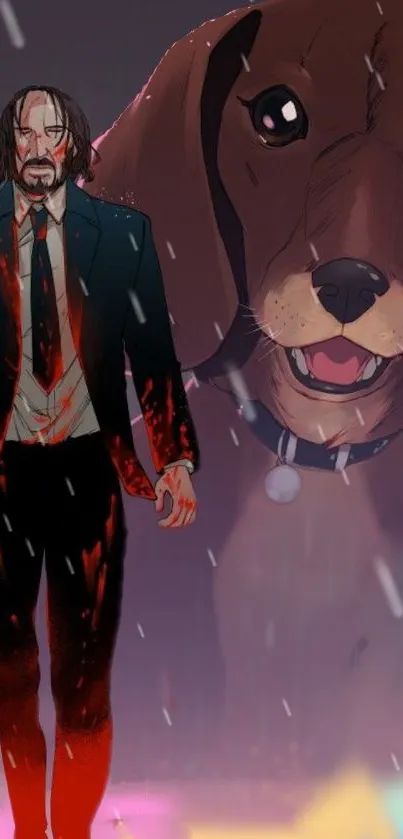 Anime character in suit with large dog in rain.