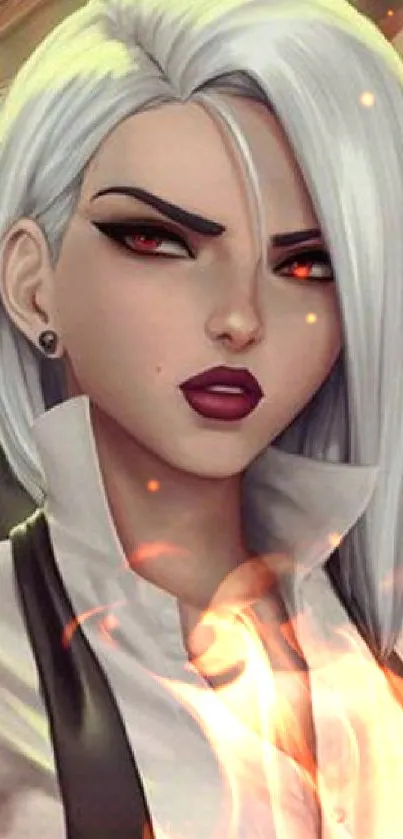 Anime character with white hair and red eyes in stylish digital art.