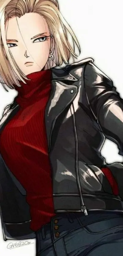 Stylish anime character in black leather jacket and red sweater.