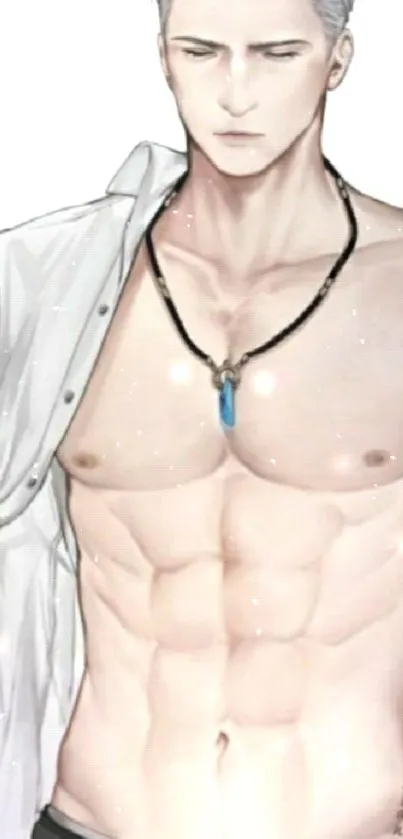 Anime character with white hair and muscular build wearing a necklace.