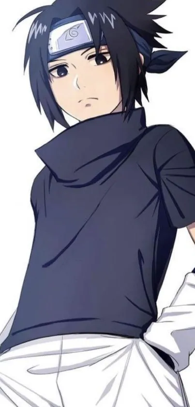 Anime character with dark hair and blue outfit against a light background.