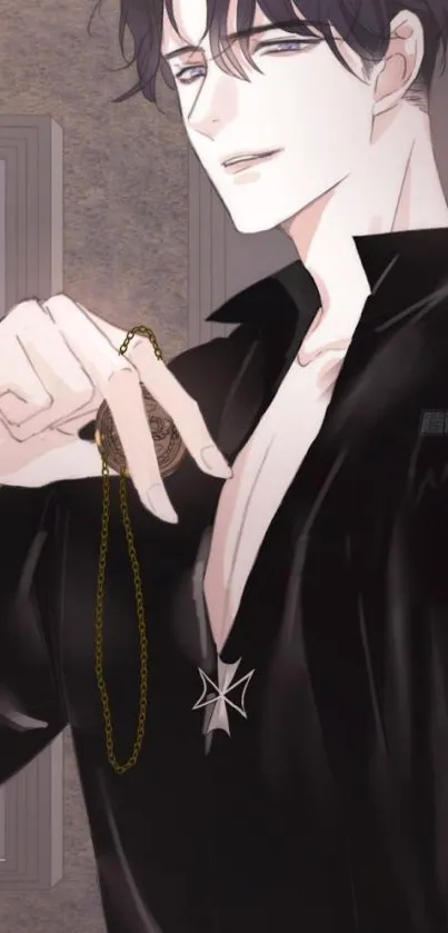 Anime character in black attire, holding a chain.