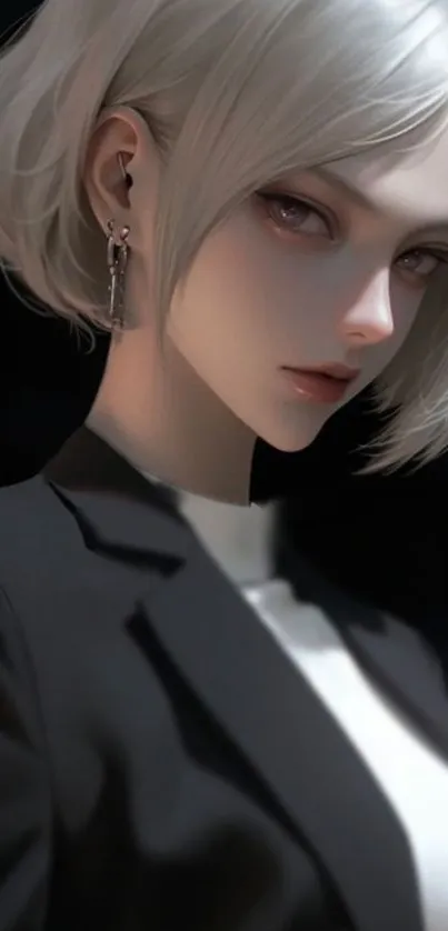 Anime character in stylish black attire with light hair.