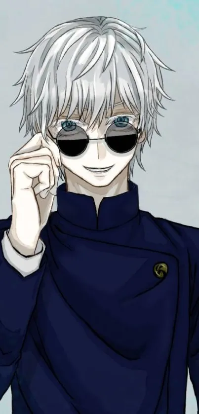 Anime character with silver hair and sunglasses against a blue background.