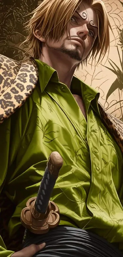 Anime character in green shirt and leopard print jacket with sword.