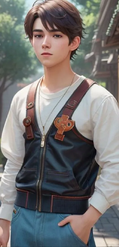 Anime character in trendy outfit on a street.