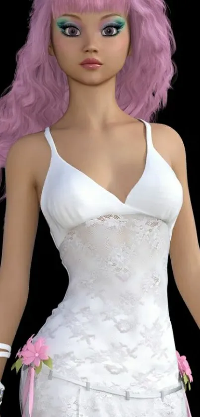 Anime character with pink hair and a white dress on a black background.