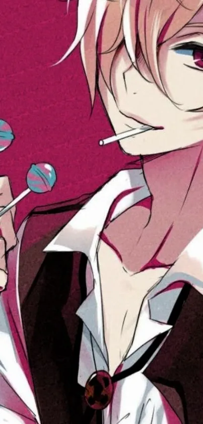 Stylish anime character with lollipops in maroon background.