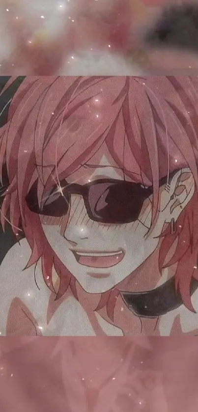 Anime character with pink hair, sunglasses, and sparkles in vibrant wallpaper.