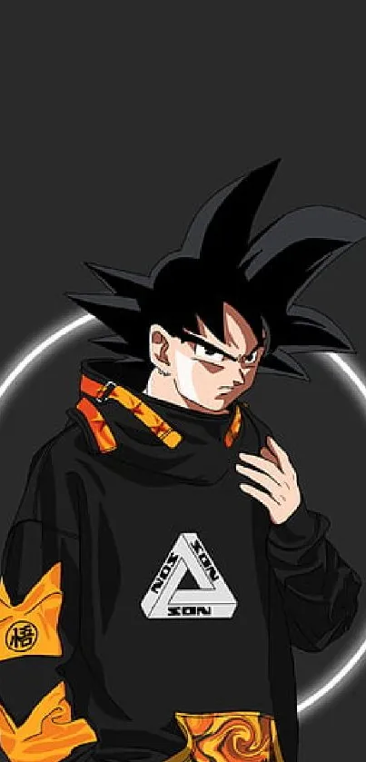 Stylish anime character in black hoodie on a dark background.