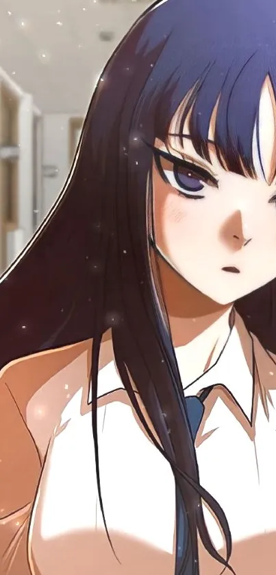 Anime character with long dark hair in a school hallway, stylish and confident.