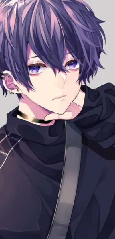 Stylish anime character with purple hair and modern outfit.