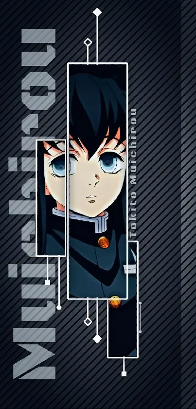 Anime character wallpaper with geometric design in dark blue tones.