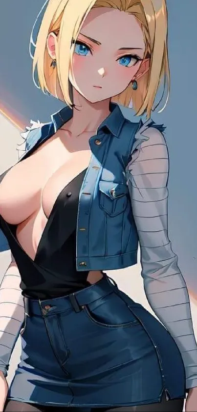 Stylish anime character in denim outfit wallpaper.