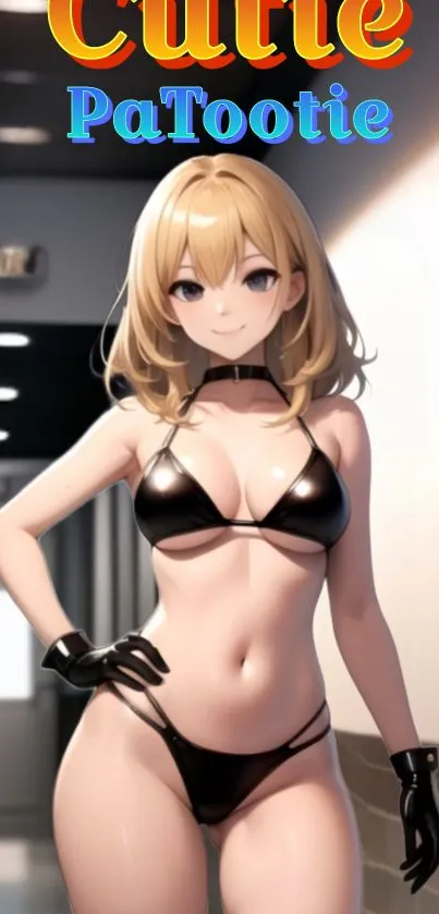 Anime character in a hallway with shiny black outfit