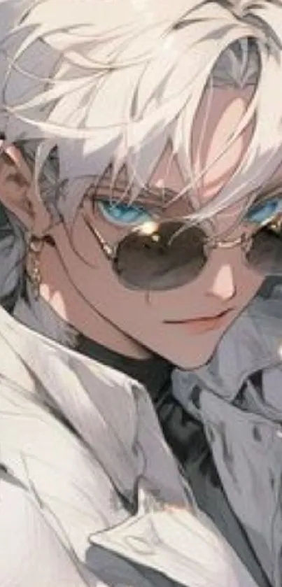Stylish anime character with white hair and sunglasses.
