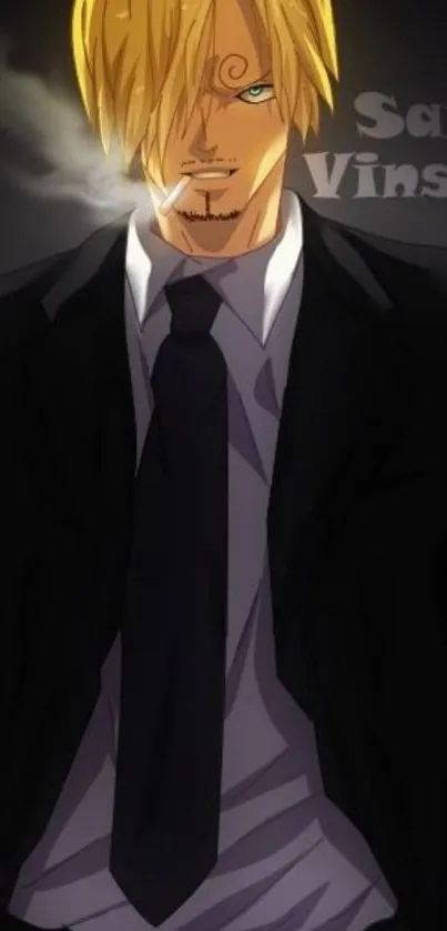 Stylish anime character in black suit wallpaper.