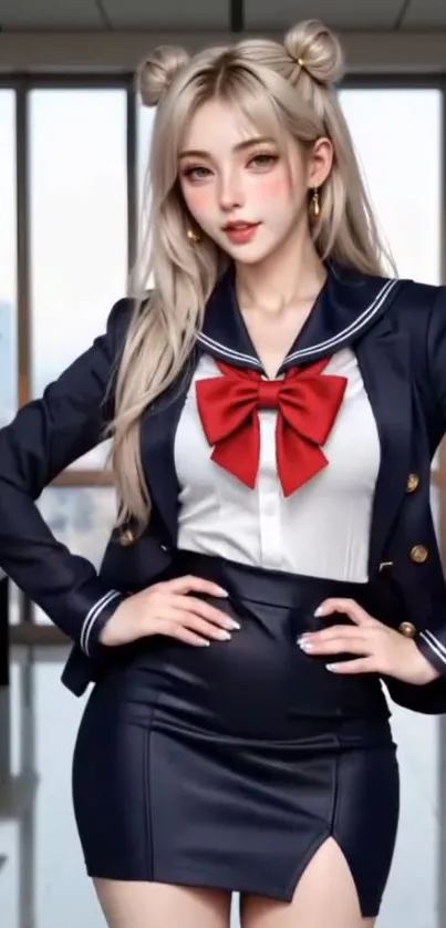 Anime character in a stylish navy outfit with red bow