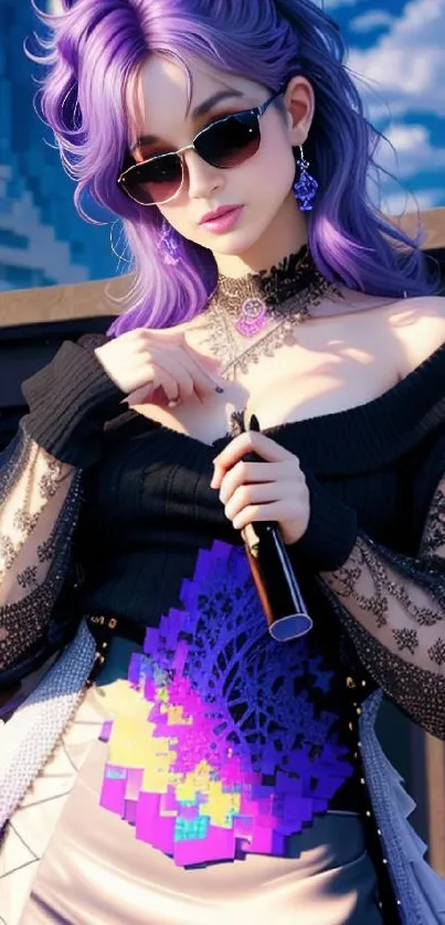 Trendy anime character with purple hair holding an electronic device.
