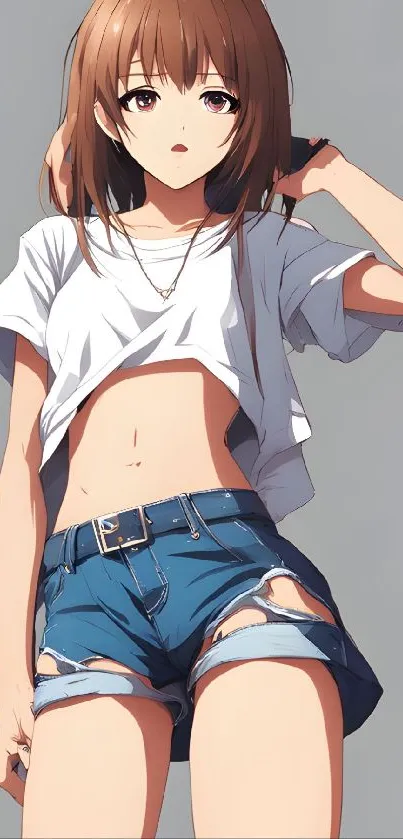 Anime girl in white tee and denim shorts on gray background.