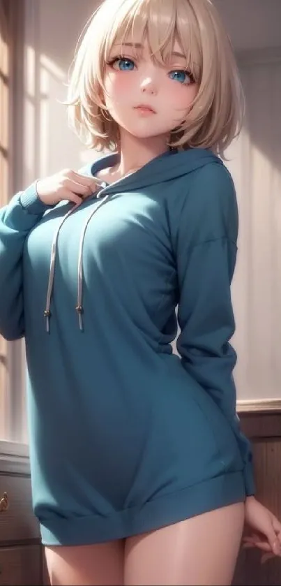Anime girl in teal hoodie against a soft-lit interior.