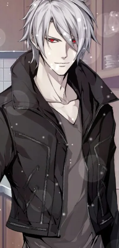 Anime character with silver hair and black jacket in a kitchen setting.