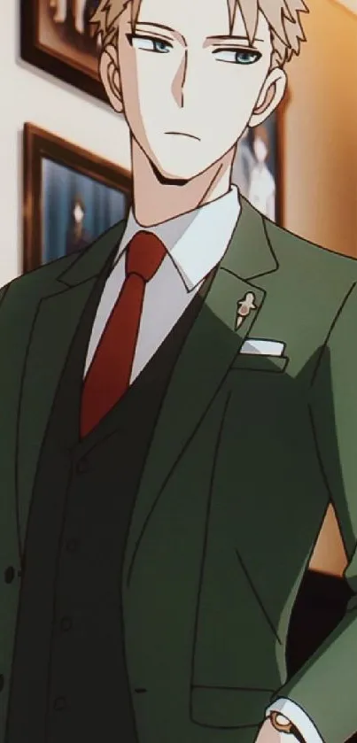 Anime character in a green suit with a red tie, elegant wallpaper.