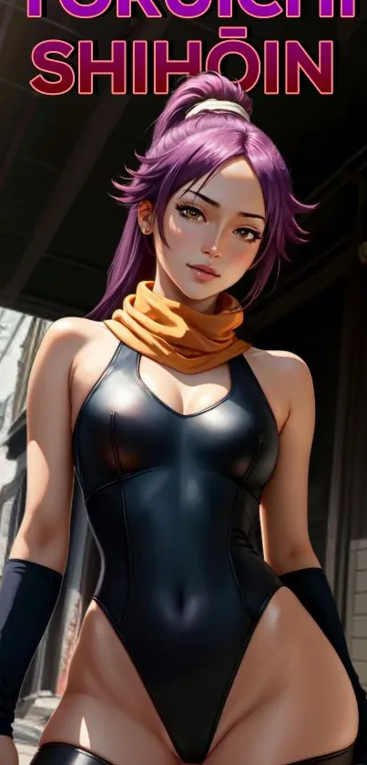 Anime character in black outfit with purple hair.