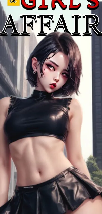 Anime character with a stylish black outfit in a futuristic city setting.