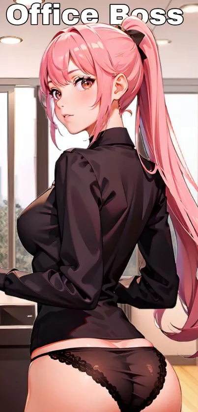 Anime character with pink hair in office setting.
