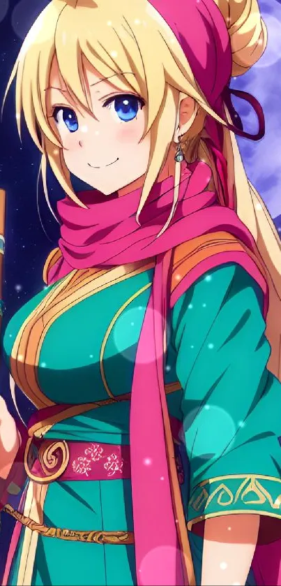 Anime character in vibrant attire under a starry night.
